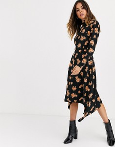 Платье миди с высоким воротником и цветочным принтом Miss Selfridge-Черный