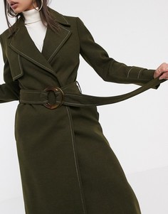 Пальто цвета хаки с поясом и контрастной строчкой ASOS DESIGN-Зеленый
