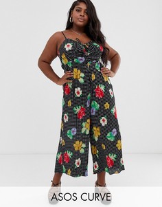 Присборенный комбинезон на бретельках с цветочным принтом ASOS DESIGN Curve-Мульти