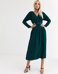 Платье макси с запахом и поясом с пряжкой ASOS DESIGN-Зеленый