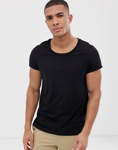 Черная футболка с овальным вырезом и отворотами на рукавах ASOS DESIGN-Черный