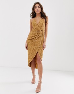 Платье миди с отделкой пайетками и пряжкой ASOS DESIGN-Коричневый