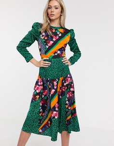 Зеленое атласное платье миди с цветочным принтом Liquorish-Мульти
