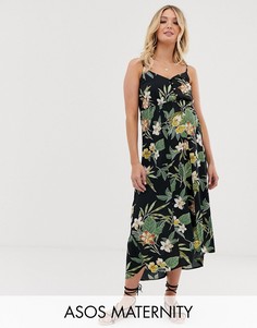 Платье макси на тонких бретельках с пуговицами и тропическим принтом ASOS DESIGN Maternity-Мульти