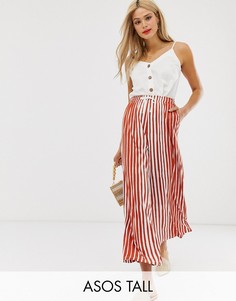 Бежевые укороченные брюки в полоску со шнурком ASOS DESIGN Tall-Мульти