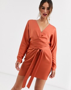 Платье мини с запахом и рукавами \летучая мышь\" ASOS DESIGN-Коричневый