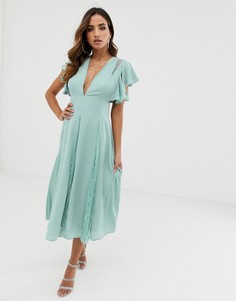 Платье миди с кружевными вставками ASOS DESIGN-Зеленый