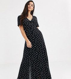 Эксклюзивное монохромное чайное платье макси в горошек на пуговицах с разрезами ASOS DESIGN Petite-Мульти