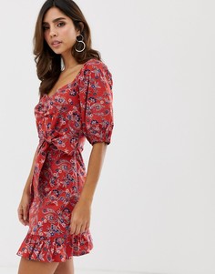 Короткое приталенное платье с принтом пейсли и объемными рукавами ASOS DESIGN-Мульти