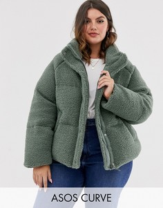 Флисовая дутая куртка шалфейного цвета ASOS DESIGN Curve-Зеленый