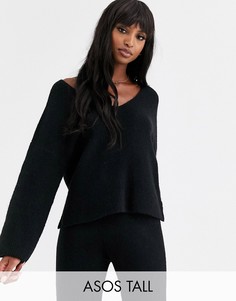 Джемпер в рубчик с V-образным вырезом и объемными рукавами ASOS DESIGN Tall-Черный