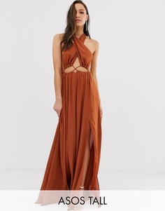 Платье макси с перекрестной отделкой на шее и вырезами на талии ASOS DESGIN Tall-Бежевый