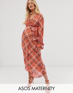 Платье миди с запахом и фактурным узором в клетку ASOS DESIGN Maternity-Мульти