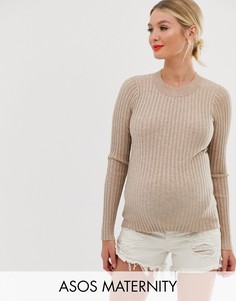 Облегающий джемпер в рубчик с круглым вырезом ASOS DESIGN Maternity-Светло-бежевый
