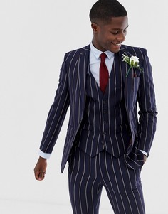 Темно-синий приталенный пиджак в бордовую полоску Burton Menswear Wedding