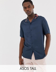 Атласная рубашка классического кроя с цветочным принтом ASOS DESIGN Tall-Темно-синий