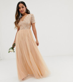 Платье макси персикового цвета с V-образным вырезом и пайетками Maya Petite Bridesmaid-Розовый