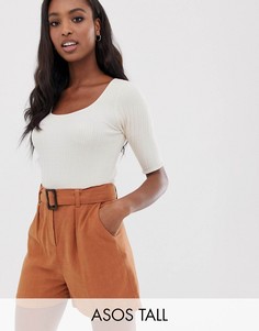 Трикотажный джемпер в рубчик с овальным вырезом и короткими рукавами ASOS DESIGN Tall-Кремовый