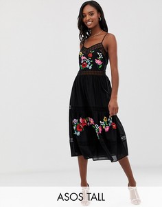 Платье-трапеция миди с вышивкой ASOS DESIGN Tall-Черный