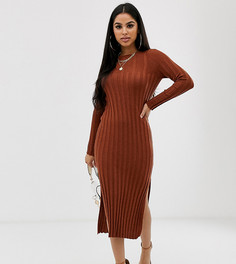 Тонкое трикотажное платье миди в рубчик из переработанного материала ASOS DESIGN Petite-Коричневый