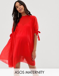 Плиссированное платье мини с завязками на рукавах ASOS DESIGN Maternity-Красный