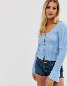 Кардиган в рубчик на пуговицах с глубоким вырезом ASOS DESIGN-Синий