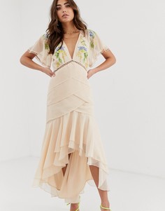 Платье миди с вышивкой и отделкой ASOS DESIGN Occasion-Оранжевый