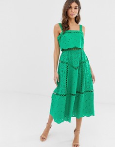 Платье миди для выпускного с вышивкой ришелье и кружевом ASOS DESIGN-Зеленый
