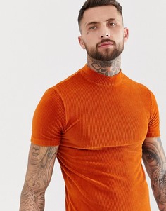Темно-оранжевая обтягивающая футболка из велюра в рубчик ASOS DESIGN-Оранжевый