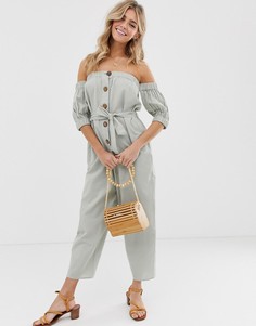 Комбинезон на пуговицах с открытыми плечами и завязкой ASOS DESIGN-Бежевый