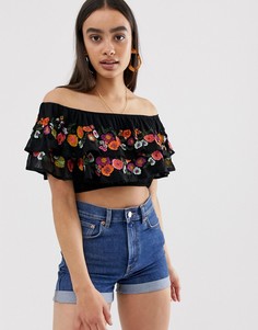 Топ с открытыми плечами, оборками и цветочной вышивкой ASOS DESIGN-Черный