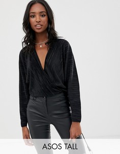 Плиссированный топ с запахом и рукавам \летучая мышь\" ASOS DESIGN Tall-Черный