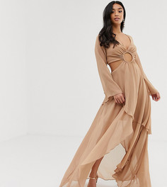Платье макси с длинными рукавами и кольцом ASOS DESIGN Petite-Бежевый