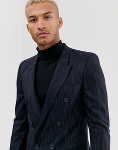 Темно-синий узкий двубортный блейзер в ломаную полоску ASOS DESIGN