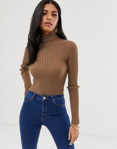 Трикотажный джемпер в рубчик с отворачивающимся воротником ASOS DESIGN-Коричневый