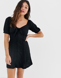 Платье на пуговицах с пышными рукавами и завязкой ASOS DESIGN-Черный