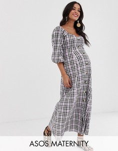 Платье макси на пуговицах в клетку с объемными рукавами ASOS DESIGN Maternity-Мульти