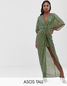 Платье-кимоно с узлом спереди и отделкой пайетками ASOS DESIGN Tall-Зеленый