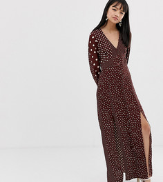 Платье макси в горошек с пышными рукавами на манжетах Miss Selfridge Petite-Коричневый