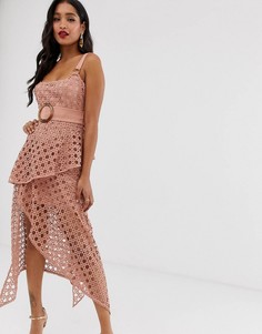 Кружевное платье миди с квадратным вырезом и ремнем ASOS DESIGN-Розовый