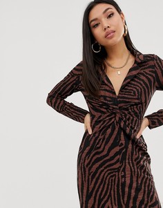 Платье-рубашка мини с мятым эффектом и принтом \зебра\" ASOS DESIGN-Мульти