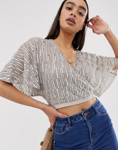 Топ с запахом, отделкой и рукавами \ангел\" ASOS DESIGN-Серебряный