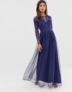 Платье макси из сетки с вышивкой с длинными рукавами ASOS DESIGN-Синий
