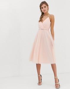 Платье миди на бретельках с поясом и складками ASOS DESIGN-Розовый
