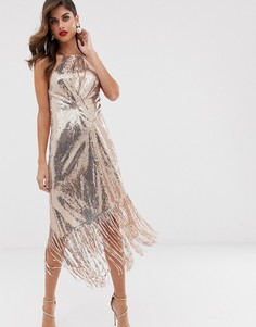 Платье миди с отделкой пайетками и бахромой ASOS DESIGN-Коричневый