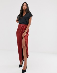 Атласная юбка-карандаш макси с запахом ASOS DESIGN-Красный