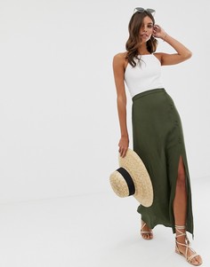 Жатая юбка макси о покрытыми тканью пуговицами ASOS DESIGN-Зеленый