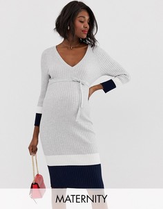 Трикотажное платье в рубчик с полосками Mamalicious maternity-Серый Mama.Licious