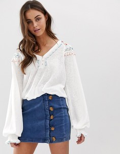 Блузка с вышивкой и глубоким вырезом Free People-Белый