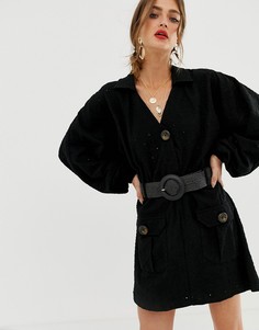 Платье-рубашка с вышивкой ришелье и плетеным поясом ASOS DESIGN-Черный